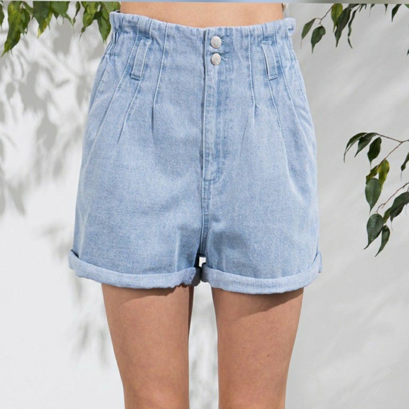 Aaron & Amber Washed Light Denim Blue High Waisted Paperbag Shorts - Picture 8 of 8